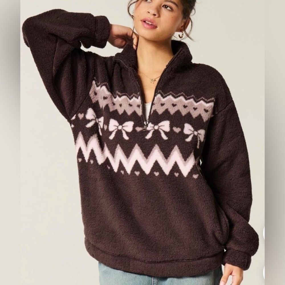 Gilly Hicks Brown Sherpa Half-Zip Pullover with Pink Fair Isle M